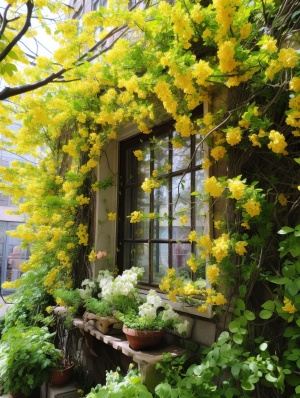 春天的窗外：嫩绿新叶与缤纷小花的治愈系风格