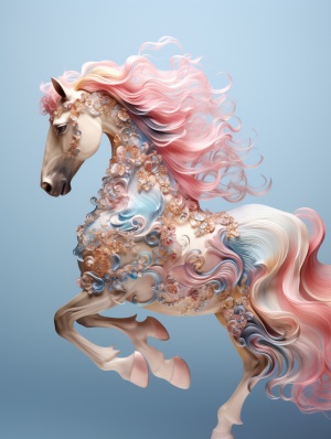Chinese big horse, tulle, Suzhou embroidery, tie-dye, transparent, translucent gauze, blue, pink and gold tones, macro shooting, ink artistic conception, majestic, minimalist, 3D rendering, C4D, OC renderer, Extreme details, ultra-high quality, high resolution chaos 0 stylize 150 ar 9:16 v 6