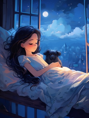 女孩、可爱、唯美、超级仙气、睡的很安静、躺平睡着、浅蓝色衣裙、墨黑色长发、睡觉、日落黄昏，飘窗，小狗在一旁睡觉