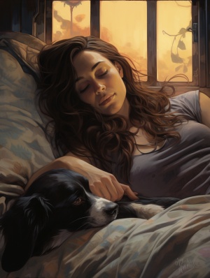 女孩、躺平在床上睡的很安静、治愈、放松、墨黑色长发披散着、睡觉、日落黄昏，飘窗，小狗在一旁睡觉
