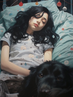 墨黑长发的女孩安静躺平，与小狗共享幸福午睡
