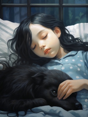 女孩、躺平在床上睡的很安静、治愈、放松、墨黑色长发披散着、睡觉、午睡，飘窗，小狗在一旁睡觉