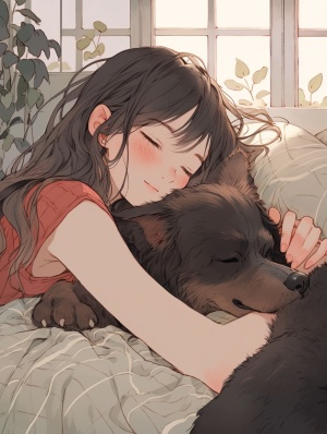 可爱女孩午睡时躺在床上，墨黑色长发披散，与小狗一同放松休憩