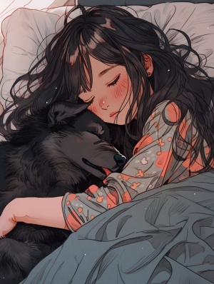 可爱女孩午睡时躺在床上，墨黑色长发披散，与小狗一同放松休憩