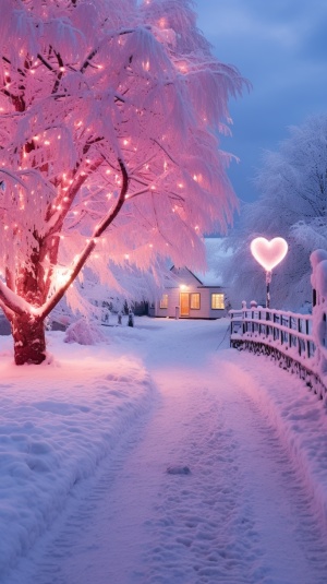 On the snow-covered ground, a crystal-clear heart tree stands in the snow scene, and the blood vessels are clearly visible. Thick snow and ice cover the road next to it. The small houses in the distance are brightly lit, the pink starry sky makes the whole picture brighter, the wide-angle lens presents a beautiful panorama, and the beautiful fog pine makes the whole scene more beautiful and romantic-V5.2-