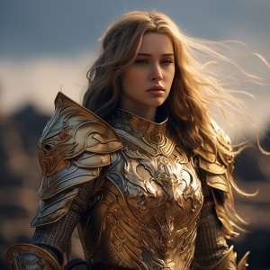 一个漂亮的女战士，身穿黄金战甲，左手持盾，右手持剑，在战场上冲杀。全身照，高质量，远景