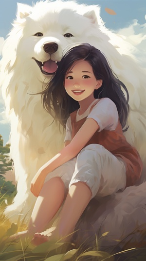 一只巨大的萨摩耶犬，一个微笑的小女孩，梦幻和治愈的场景，MonoKubo style，柔和明亮的颜色，超高清动漫-插图