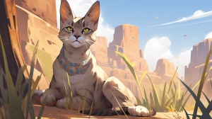 穿越到了几千年前草原上的敦煌猫咪，唯美，古老感，古老的色彩，壁画，传奇故事，仿佛穿越到了几千年前的古埃及金字塔，俯瞰，猫咪，飞跃沙漠，宏伟，真实，古老的壁画，震撼辽阔