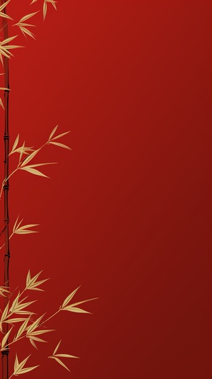 Red Wallpaper with Golden Chinese Bamboo: Deconstructed Minimalist Thin Line Drawing