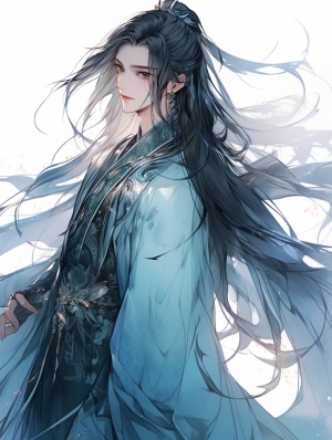 中国古代风格，面容精致的蓝衣男子，黑色长发，微风，头发飞扬，衣诀飘飘