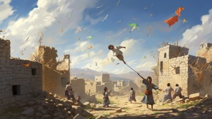 孩童们在废墟上放风筝，百姓们开始重建家园，表达对和平的期盼和向往。