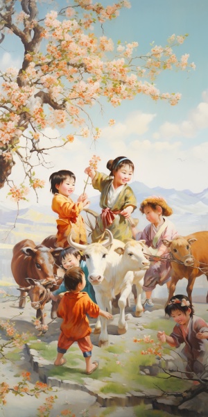 中国乡村小牛童欢乐迎春