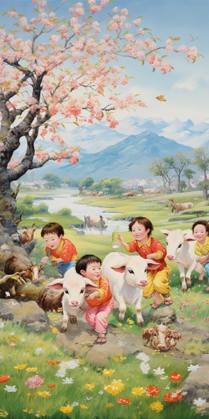 打春牛，迎春耕，许多中国乡村小牛童手拿枝条打牛，与小牛嬉戏。穿着各色鲜艳儿童汉服，