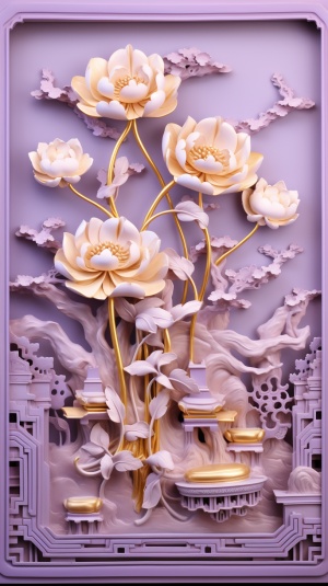 Chinese Relief Mural and Gold Inlaid Jade Carving on Light Purple Background