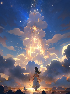 Skybound: A Vincent Callebaut inspired drawing of a heavenly woman amidst mysterious backdrops and stunning god rays