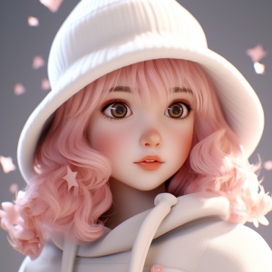一个可爱的女孩，白色衣服，带着粉色帽子，精致，高清，8k