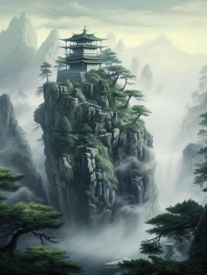悬崖上的青松寺院与腾腾雾气