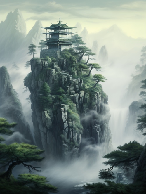 生成悬崖，崖顶寺院青松，河流，雾气腾腾