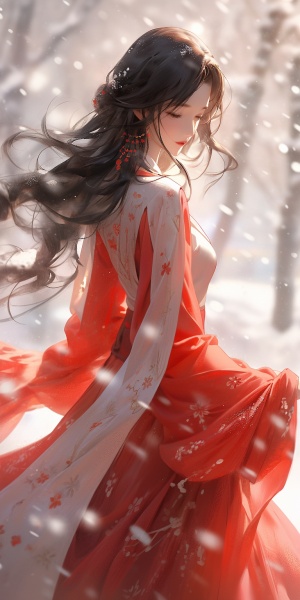 一位女子一席汉服，温文尔雅遥望着满天凤舞的白雪。