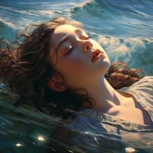 一位少女，清凉地躺在海水里，海风轻轻的吹拂着她的脸，浪潮那么透亮，空气那么清鲜