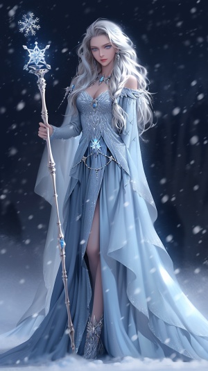 冰雪女王、华丽的冰雪城堡、飘逸的银发、纯洁的蓝眼睛、她身着一袭华丽的蓝色长袍、手中握着发光的冰雪权杖、周围冰雪纷飞、她优雅地站在雪地中央、面带微笑、脸上洋溢着自信和魅力、阳光照耀下，她散发着令人心醉的光彩。