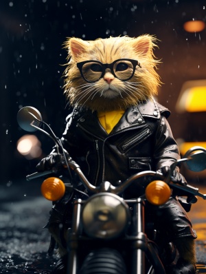 黄色猫咪在雨中骑摩托，戴墨镜披黑皮衣