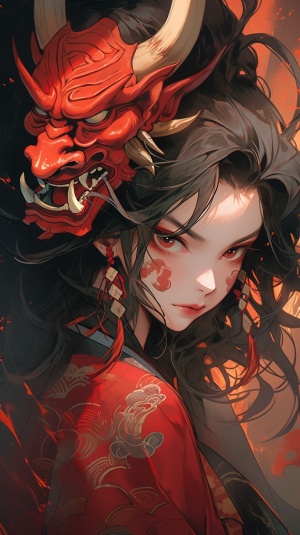 中华传统文化风格，身传红衣的妖魅女子