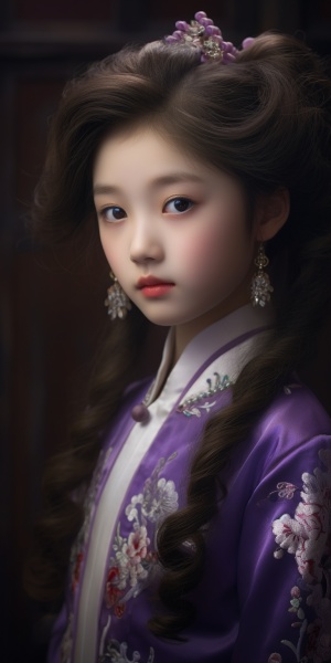 年轻少女身穿紫色绣花旗袍的白皙披肩发女子