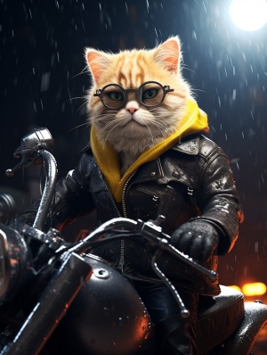 黄色猫咪在雨中骑摩托，戴墨镜披黑皮衣