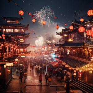 一座古老的中国小镇，华灯初上，街道上洋溢着喜庆气氛，天空中绽放烟花，中国春节，