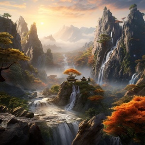 中国风山林：流金币小溪与瀑布的8K真实摄影杰作