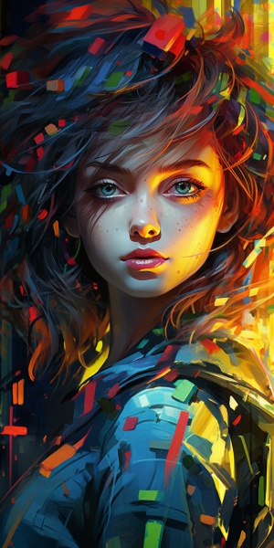 一位少女，眼睛为红色，头发由红，黄，绿，蓝等色块组成