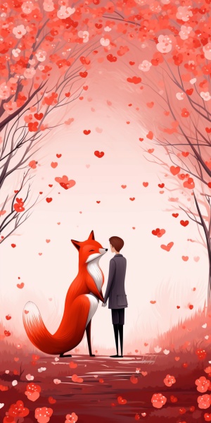 红色衣服的可爱狐狸人在花草草原下的樱花树