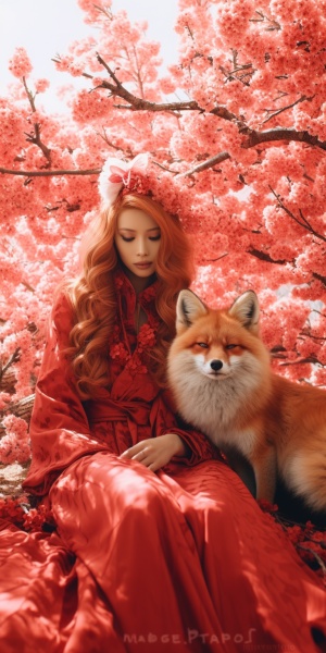 红色衣服的可爱狐狸人在花草草原下的樱花树