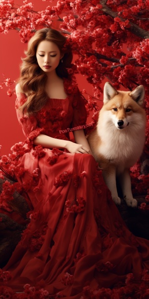 红色衣服，可爱的红色狐狸变化为人，红色衣服可可爱爱，动画版型，有花有草的草原上，还有棵樱花🌸树