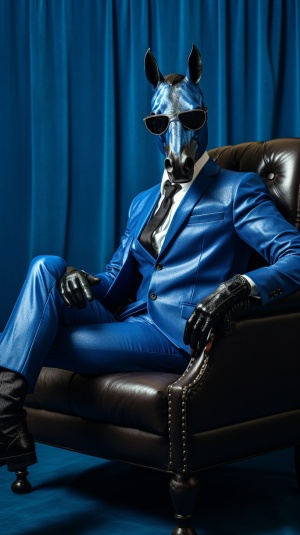 高级质感马坐在蓝色绒椅上，穿着昂贵的西装