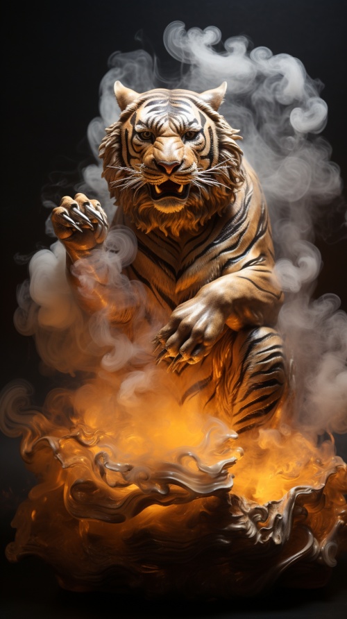土屋吉正烟雾雕塑一个精致的老虎，金银丝，极光，天体，精致，梦幻般的，空灵的，艺术摄影，月光，4K输出，大师杰作，高清。