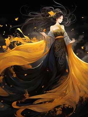 Romantic ancient style, brilliant stars, artistic conception ink, oriental poetry and painting, black background, auspicious clouds, bright yellow, 1 noble phoenix, solemn, solemn, noble, magnificent momentum, soft color, graceful posture, smart, divine, royal style, Horizontal composition, extremely beautiful light and shadow, ultra-realistic, ultra-detailed, ultra-high quality, Zao Wou-Ki, Fu Baoshi, Chen Jialing. #NoteInspiration