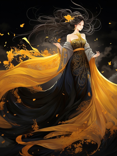 Romantic ancient style, brilliant stars, artistic conception ink, oriental poetry and painting, black background, auspicious clouds, bright yellow, 1 noble phoenix, solemn, solemn, noble, magnificent momentum, soft color, graceful posture, smart, divine, royal style, Horizontal composition, extremely beautiful light and shadow, ultra-realistic, ultra-detailed, ultra-high quality, Zao Wou-Ki, Fu Baoshi, Chen Jialing. #NoteInspiration