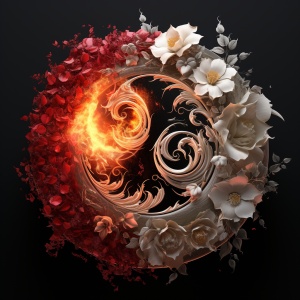 Yin Yang Floral Fire Rose: Fantasy Surrealism in Dark Beige and Red