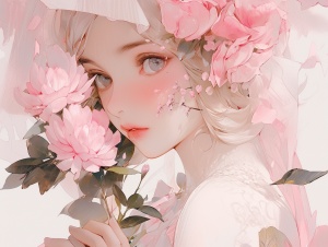 动漫美丽的女士拿着一朵粉红色的花，在清晰的新流行插图的风格，现实而富有想象力，超现实的精度