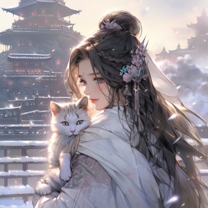 中国汉服女孩与白狸猫的神秘邂逅