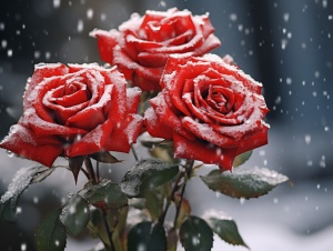 微距摄影，真实清新的红玫瑰覆盖着透明的雪，超现实主义，8k