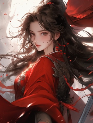 中国古代长发美女，身穿红色衣服，面容秀美，忧郁，佩剑，舞剑，生动,充满活力，栩栩如生，中国古代武侠，光暗对比