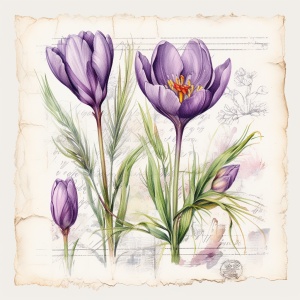 紫色番红花复古植物手账素材，带英文邮戳，白底