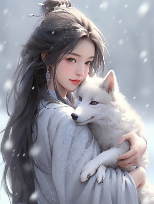 可爱的中国女孩和狐狸在雪天的超高清场景