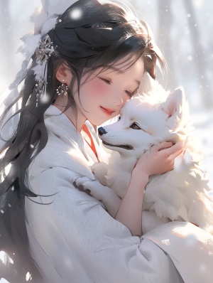 可爱的中国女孩和狐狸在雪天的超高清场景
