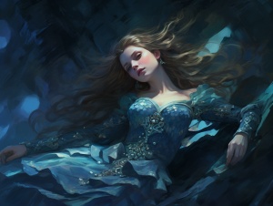 深蓝色的海底下，有一个美丽迷人的美人鱼公主趴在石头上，面向观众，