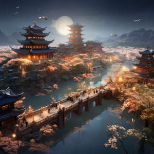 中国古城，明亮大气，鸟瞰，细节细致，光谱，梦幻，绚丽光效，镜面反射，落花，灯光，细腻质感，广角镜头，锐利，32k