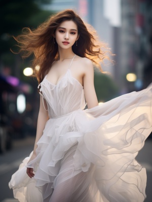 超真实32k摄影: 20岁中国女孩在都市背景下展现时尚动感